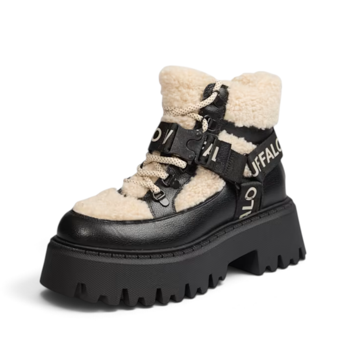 ShoeShop Buffalo Aspen COM MID warm winter boots in black synthetic leather with cream faux fur and buckle strap
