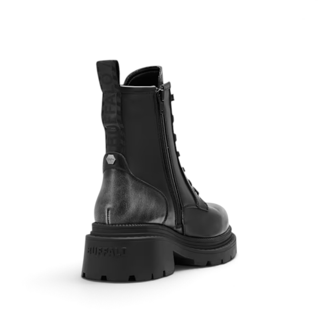 ShoeShop Buffalo 18332 black synthetic lace-up combat boots with chunky TPR lug sole and branded heel pull tab