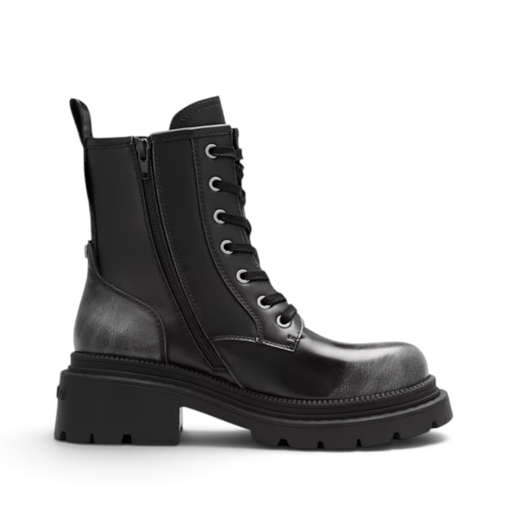 ShoeShop Buffalo 18332 black synthetic lace-up combat boots with side zipper and chunky TPR lug sole