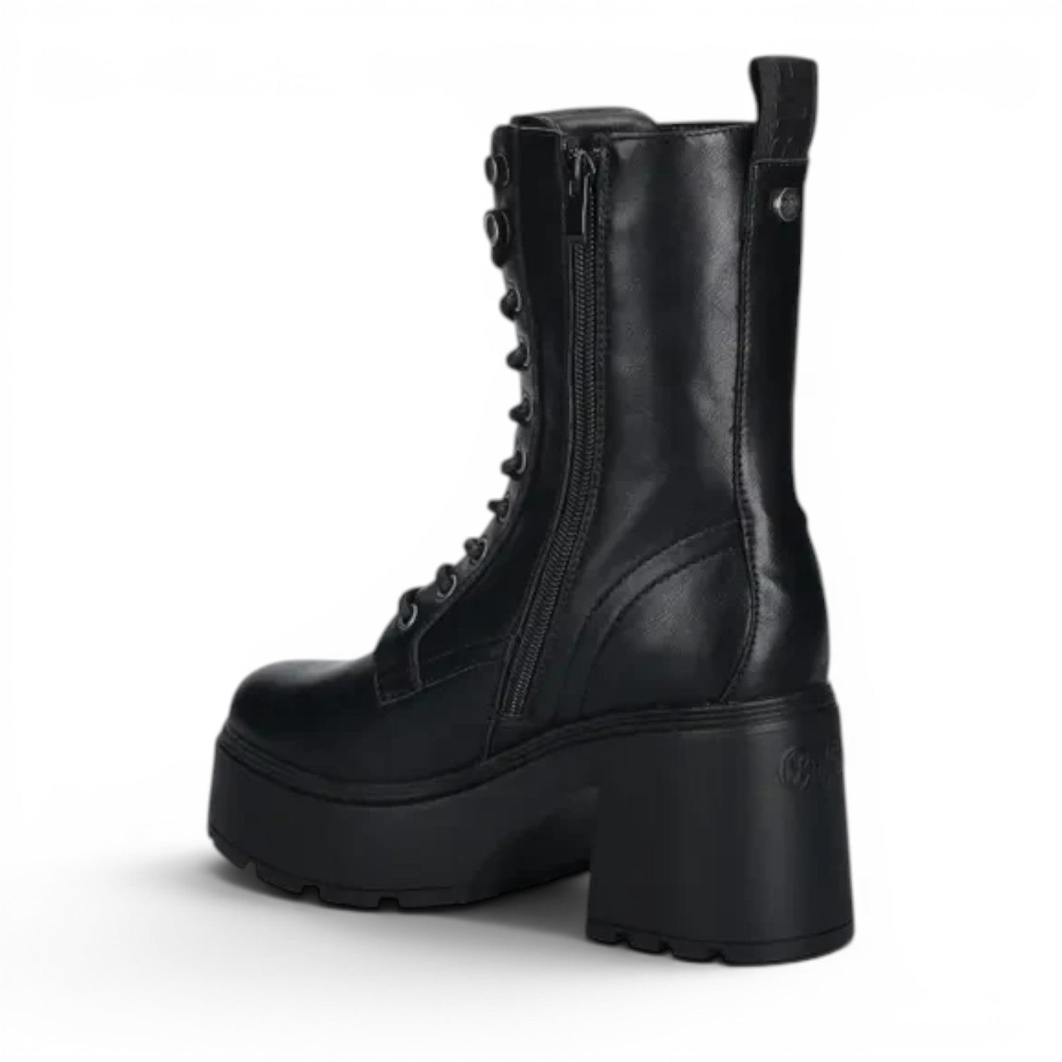 ShoeShop Buffalo black faux leather platform combat boots with side zip and lace-up closure.
