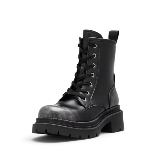ShoeShop Buffalo 18332 black synthetic lace-up combat boots with a chunky TPR lug sole and distressed toe detail.