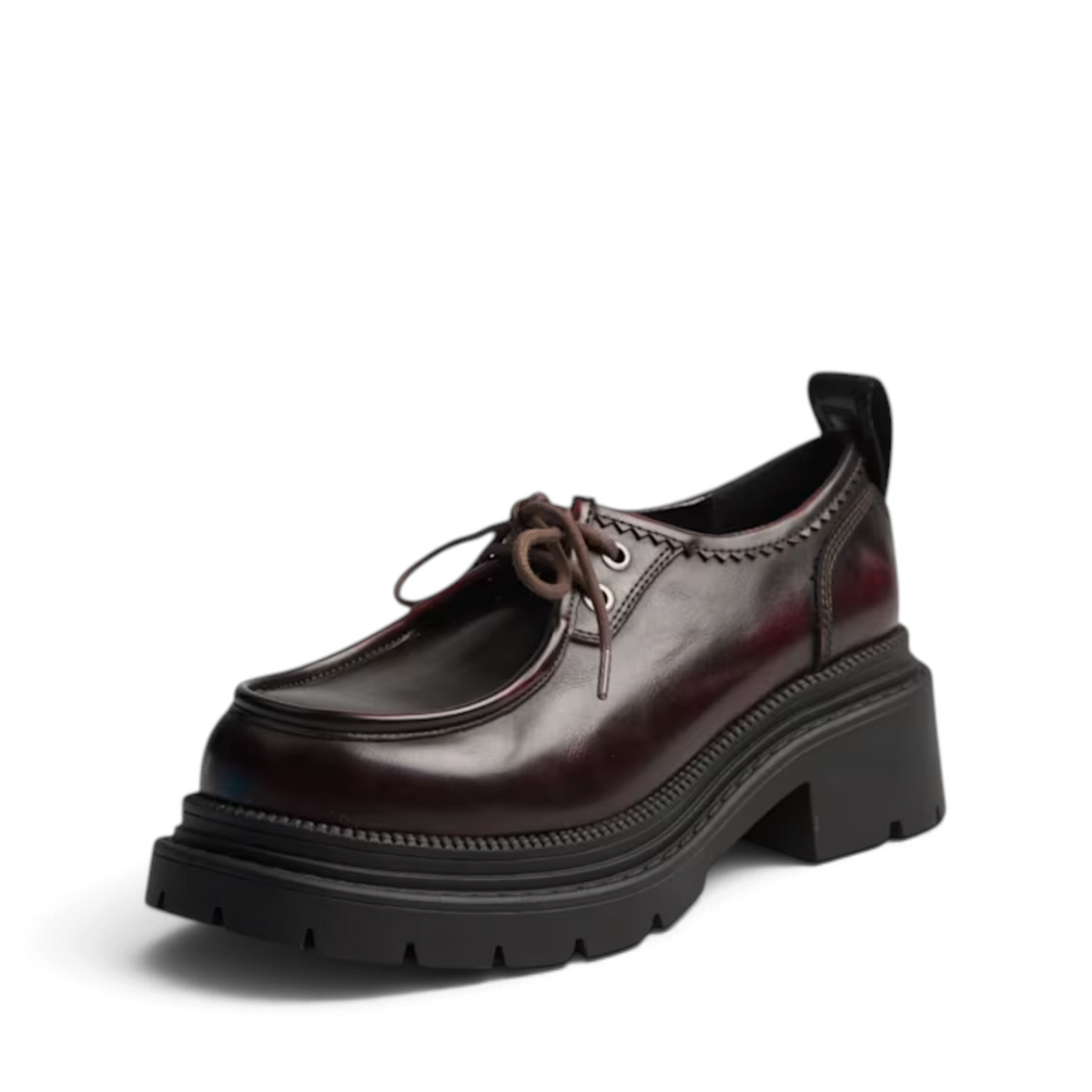 ShoeShop Buffalo 18395 Cathy Wallaby dark burgundy synthetic lace-up platform shoe with a chunky lug sole