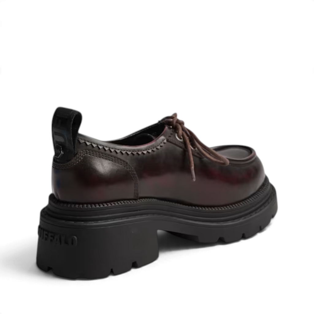 ShoeShop Buffalo Cathy Wallaby dark burgundy synthetic lace-up platform shoes with a chunky black lug sole