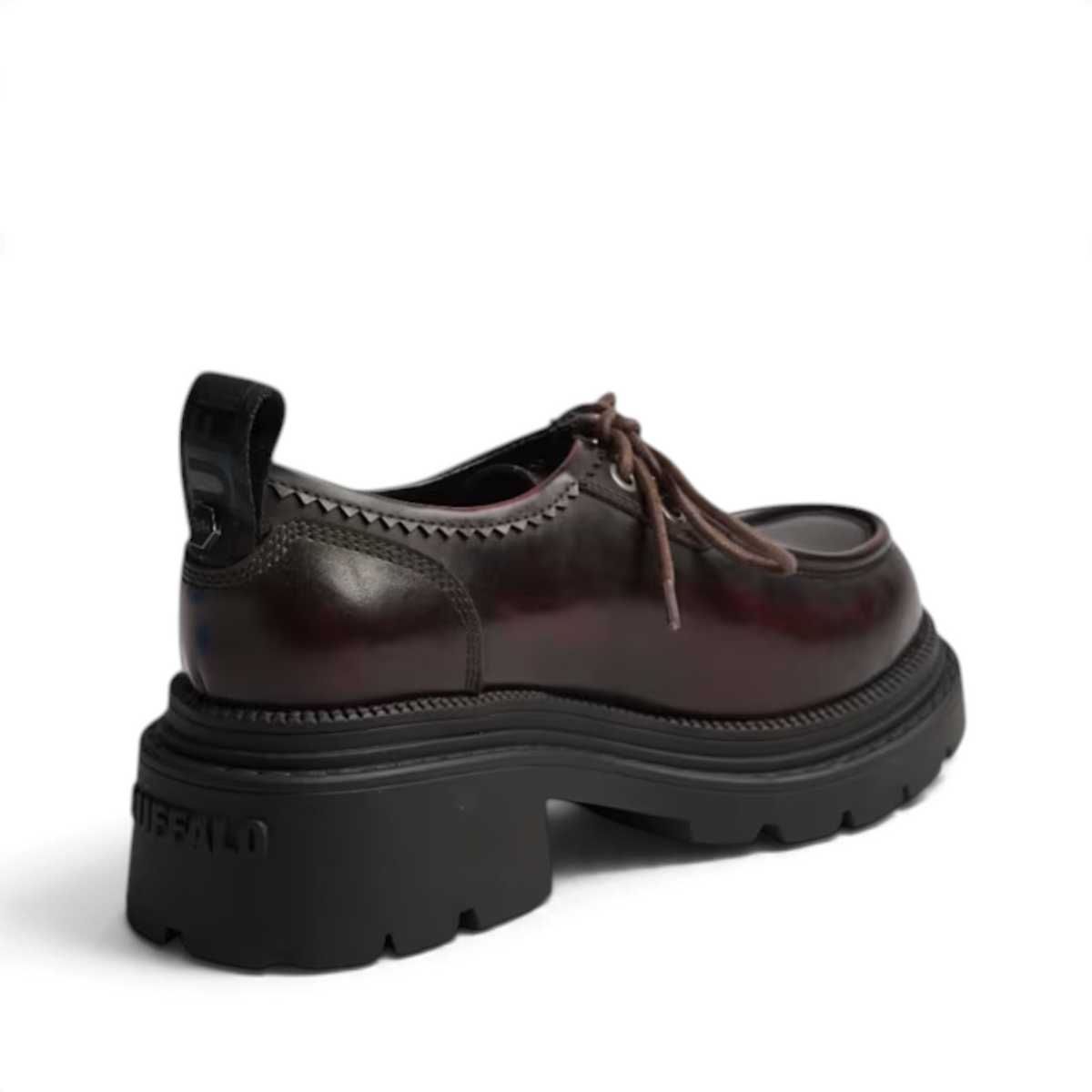 ShoeShop Buffalo Cathy Wallaby dark burgundy synthetic lace-up platform shoes with a chunky black lug sole