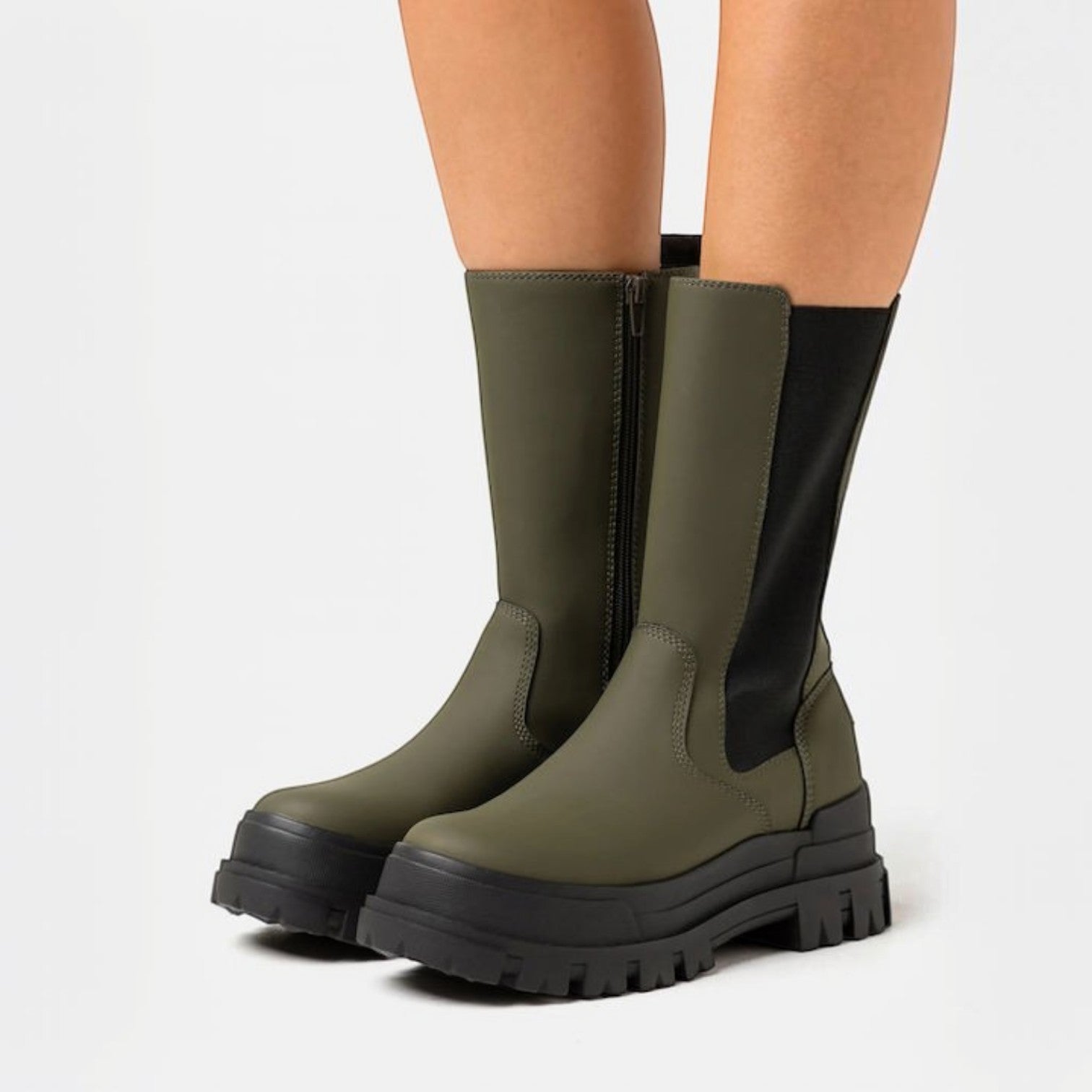 ShoeShop Buffalo Aspha CLF Rain Chelsea HI olive green waterproof boots with side zip and elasticated panel.