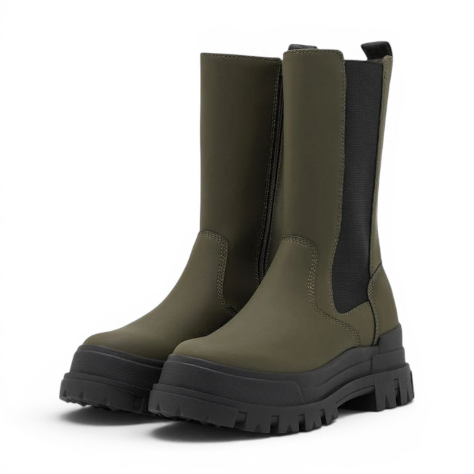 ShoeShop Buffalo Aspha CLF Rain Chelsea HI olive green waterproof boots with side zip and elastic panels.