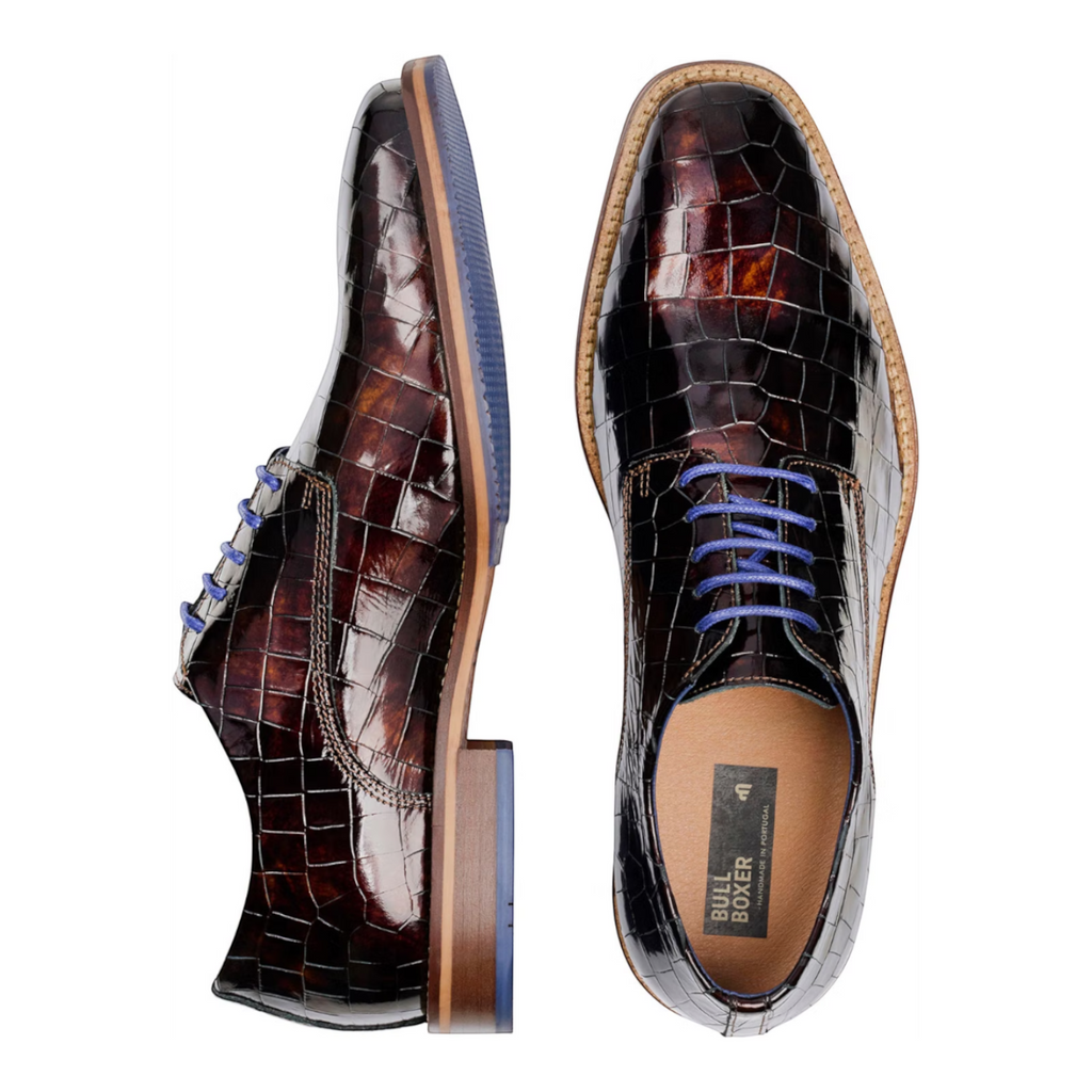 ShoeShop Bullboxer dark brown crocodile-embossed leather dress shoes with blue laces and a stacked heel