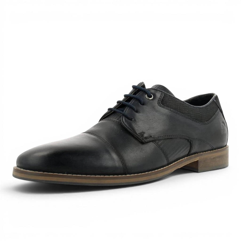 ShoeShop dark blue leather cap-toe derby shoes with dark laces and a textured heel accent.
