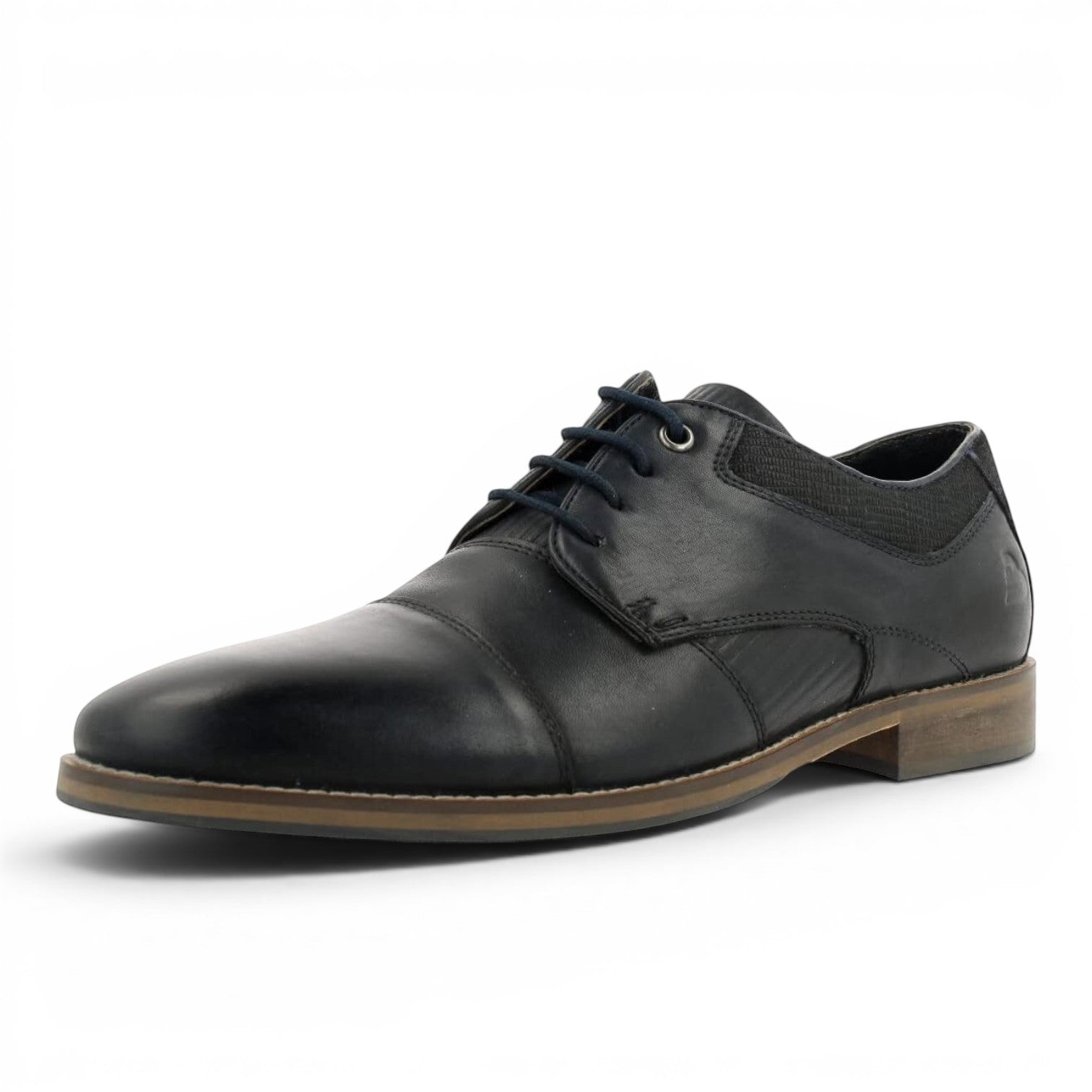 ShoeShop dark blue leather cap-toe derby shoes with dark laces and a textured heel accent.