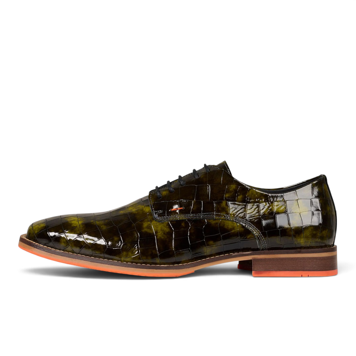ShoeShop Bullboxer green crocodile-embossed patent leather dress shoe with a vibrant orange sole side view