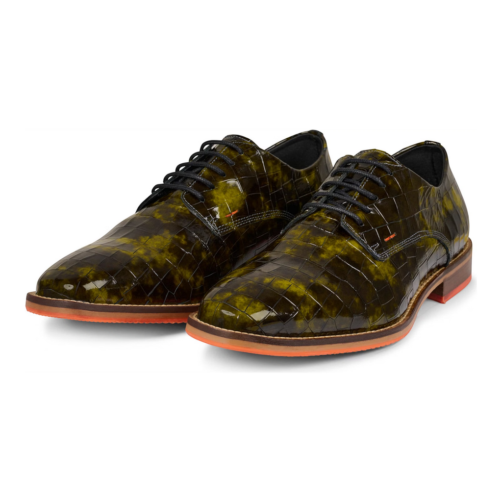 ShoeShop Bullboxer olive green patent leather oxford shoes with a crocodile embossed texture and orange sole
