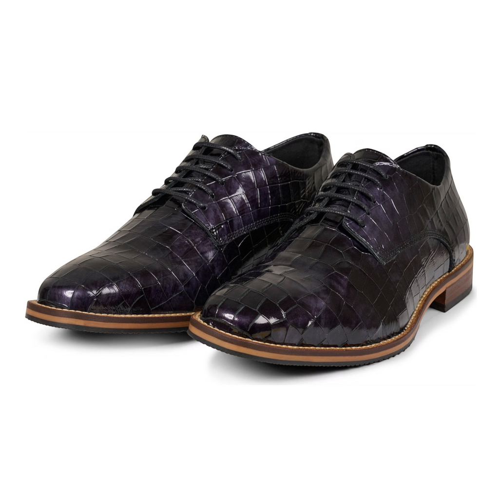 ShoeShop Bullboxer dark purple crocodile-embossed leather lace-up dress shoes with a low stacked heel