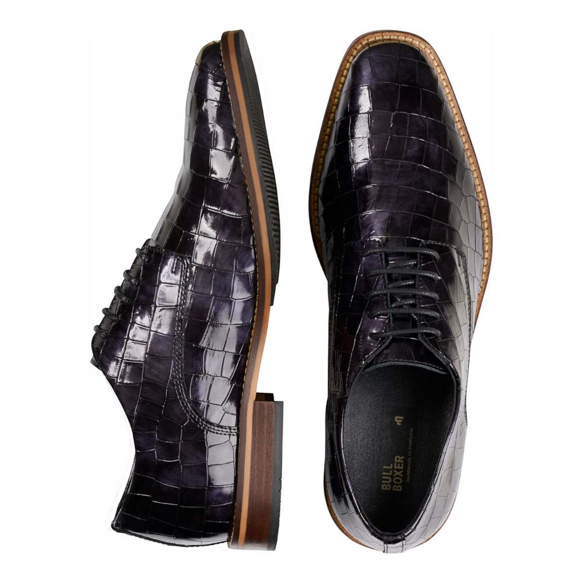 ShoeShop Bullboxer dark purple patent leather dress shoes with a crocodile embossed texture and lace-up closure.