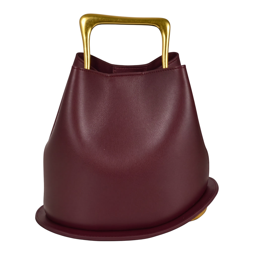 ShoeShop burgundy leather bucket bag with a structured gold metal handle on a white background