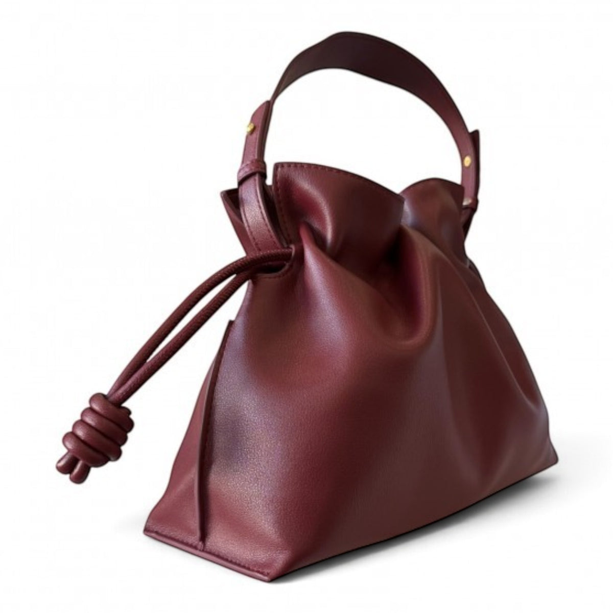 ShoeShop burgundy leather handbag with a drawstring closure and detachable shoulder strap