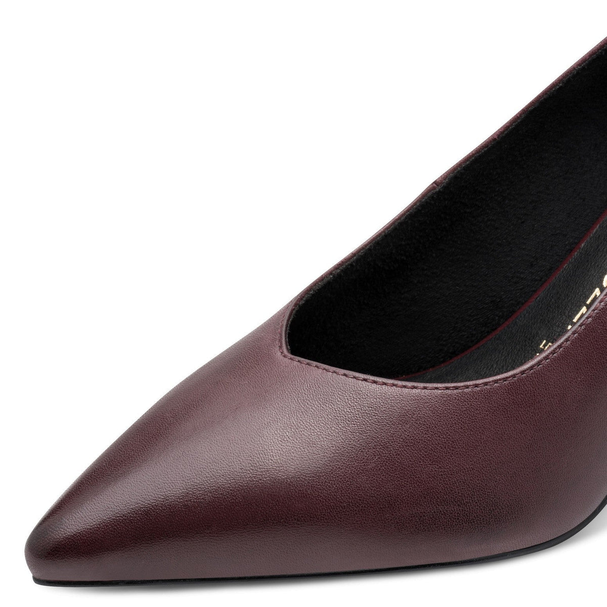ShoeShop burgundy leather pointed toe pump with a sleek silhouette and black interior lining