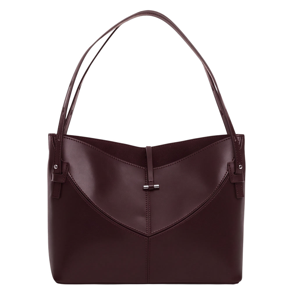 ShoeShop W218 dark burgundy leather shoulder bag with a structured V-shaped front panel and slim top handles