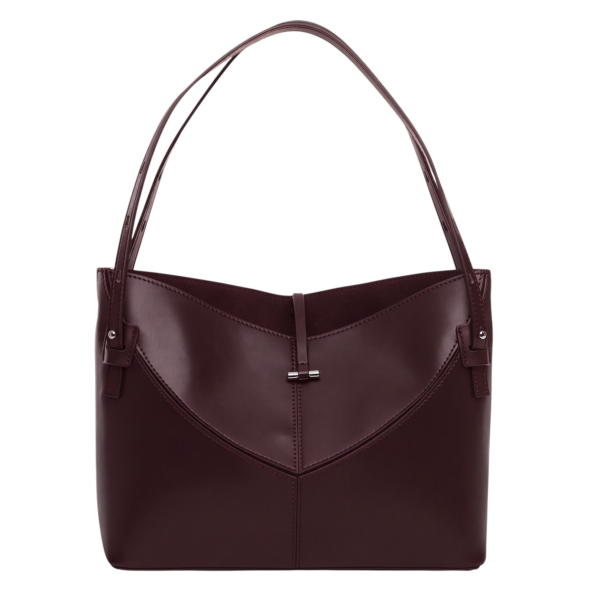 ShoeShop W218 dark burgundy leather shoulder bag with a structured V-shaped front panel and slim top handles
