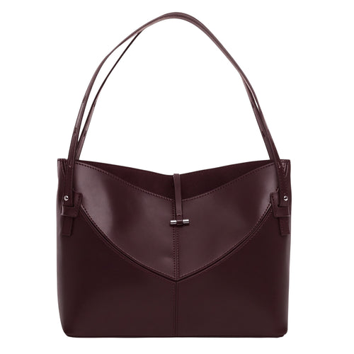 ShoeShop W218 dark burgundy leather shoulder bag with a structured V-shaped front panel and slim top handles