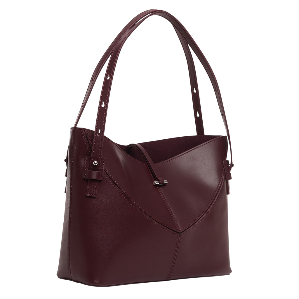 ShoeShop W218 burgundy leather shoulder bag with adjustable straps and minimalist V-stitched front panel