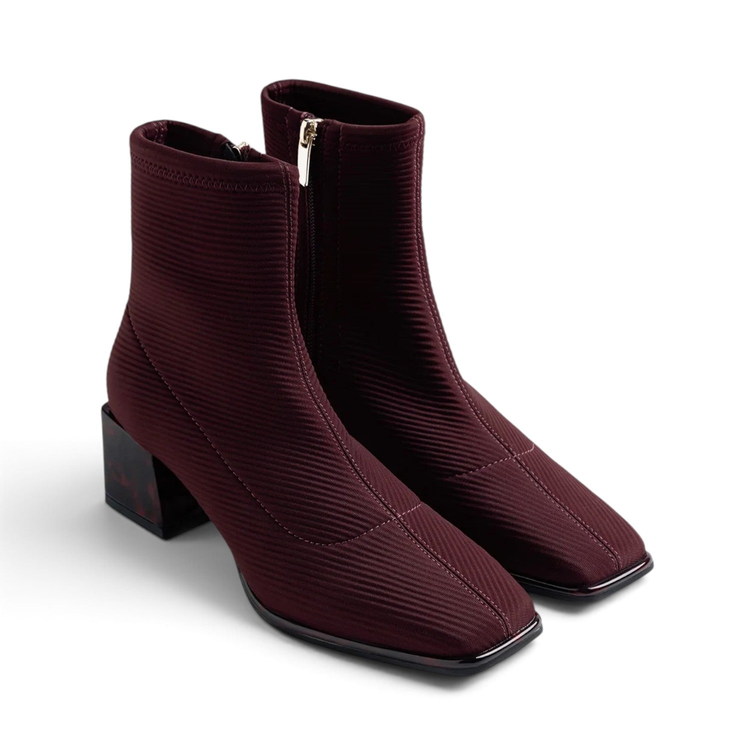 ShoeShop burgundy ribbed fabric ankle boots with a square toe and a low block heel featuring a side zipper