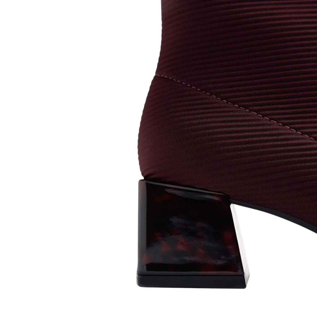 ShoeShop burgundy ribbed fabric ankle boot with a unique geometric tortoiseshell block heel