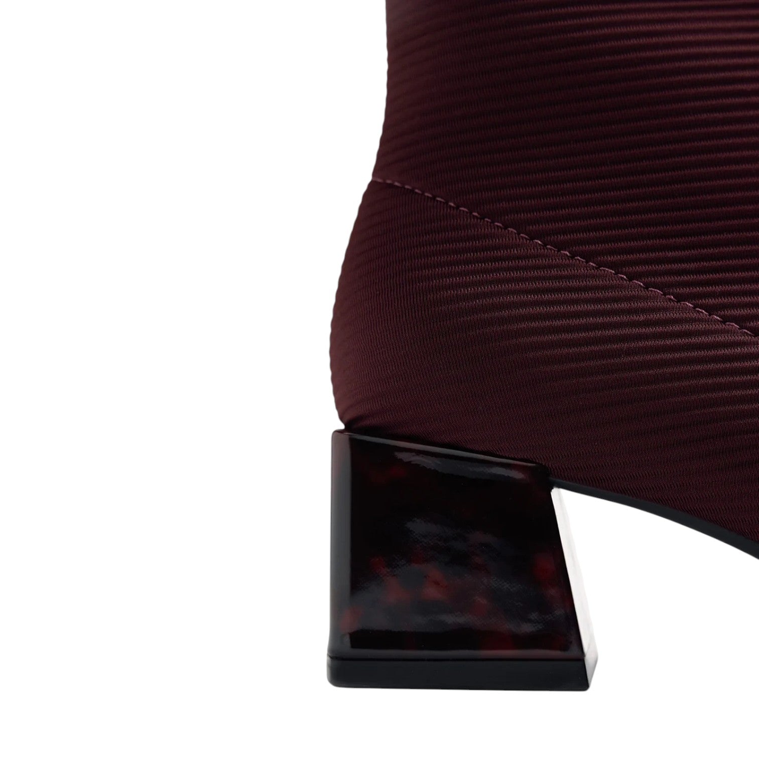 ShoeShop burgundy ribbed fabric ankle boot with a unique geometric tortoiseshell block heel