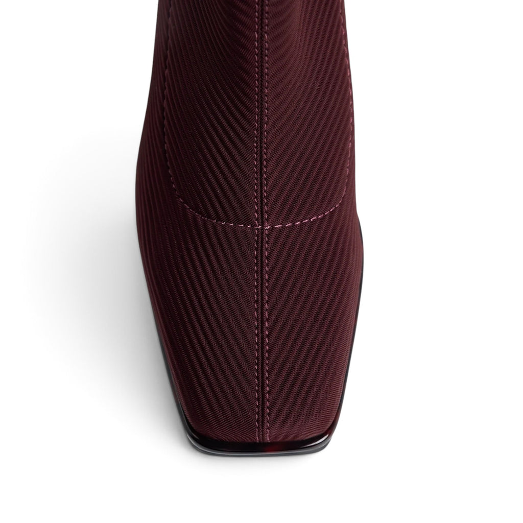 ShoeShop 80115 burgundy textile ankle boot with a square toe and detailed herringbone weave pattern