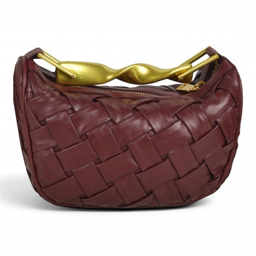 ShoeShop burgundy woven leather handbag with a unique gold-toned twisted metal handle