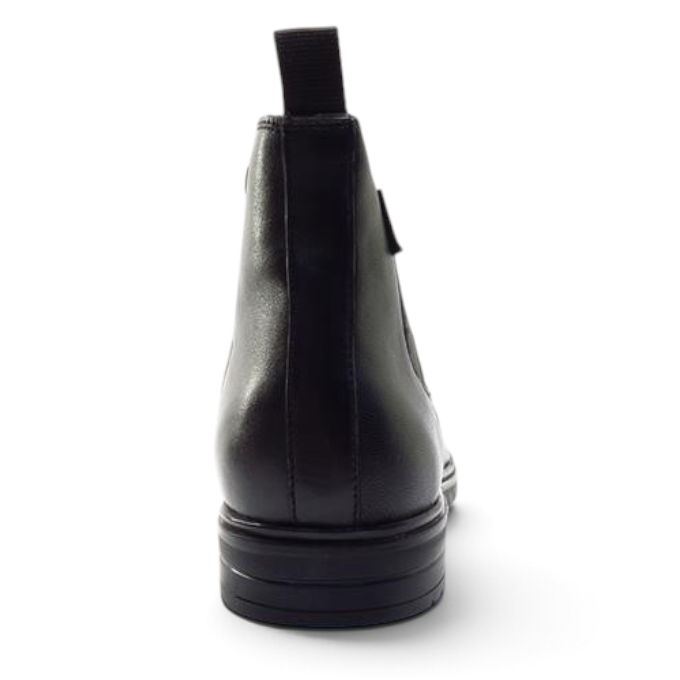 Back view of a black Cafe Moda ankle boot from ShoeShop featuring a pull tab and a stacked heel.