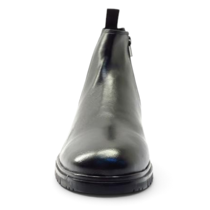 ShoeShop Cafe Moda black leather ankle boots with a side zipper and pull tab, front view.