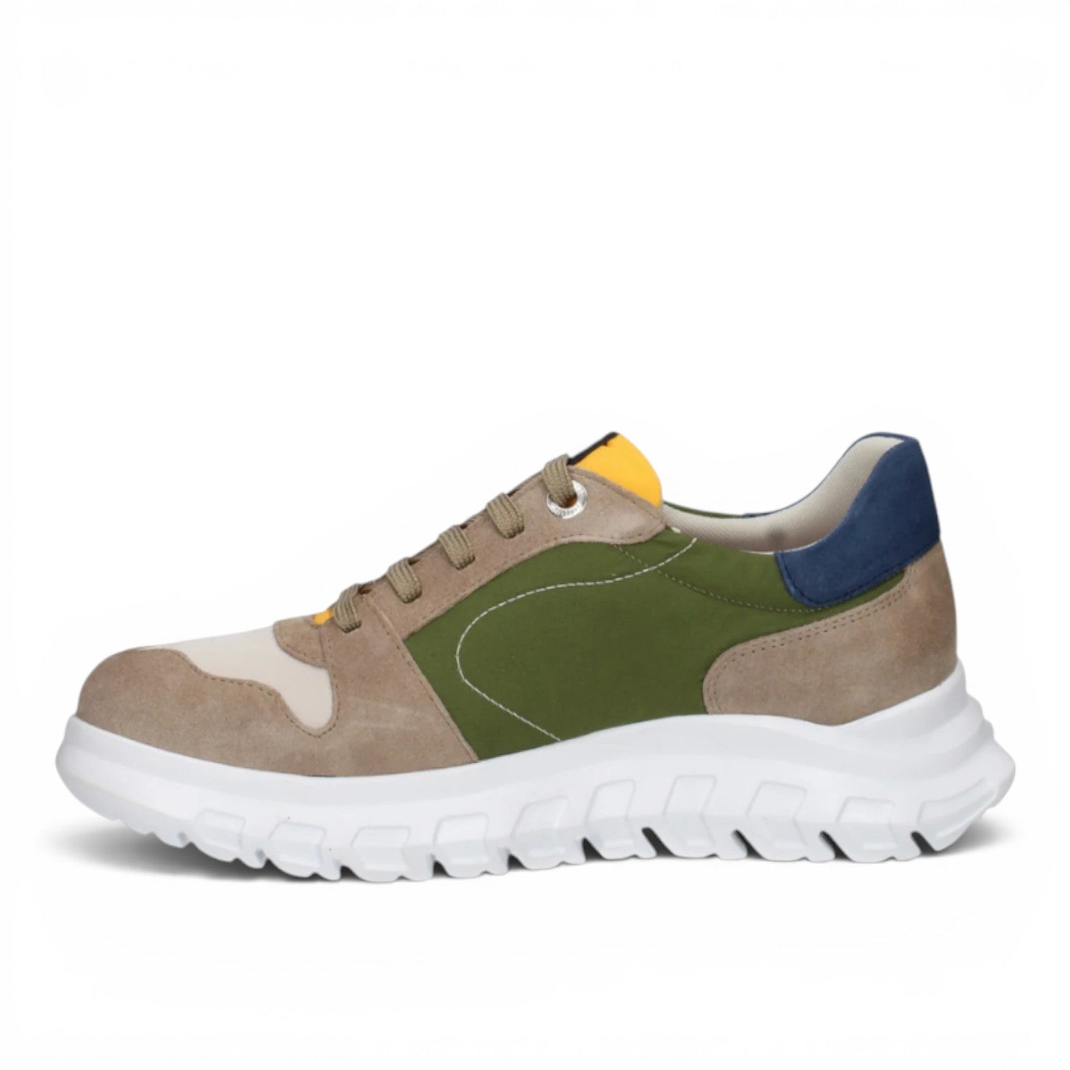 ShoeShop Callaghan 55303 sneakers in beige, green, and blue suede with a thick white athletic sole