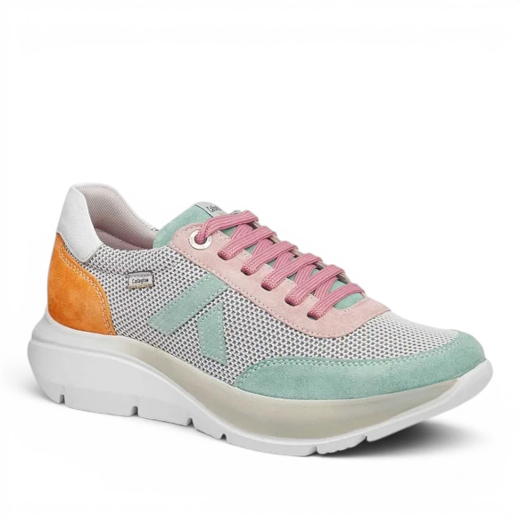 ShoeShop Callaghan 62400 women's sneaker in multi-colored suede and mesh with pink laces and a white platform sole.