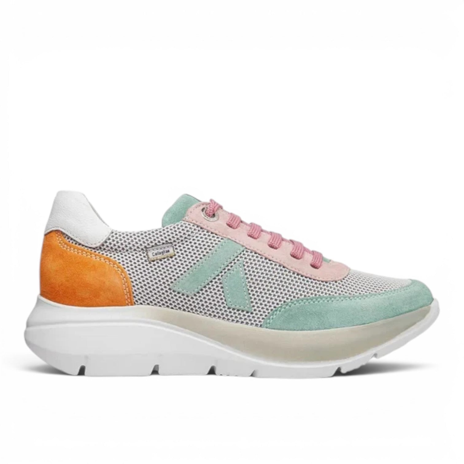 ShoeShop Callaghan 62400 sneakers featuring a multi-coloured mesh and suede design with pink, mint, and orange accents.