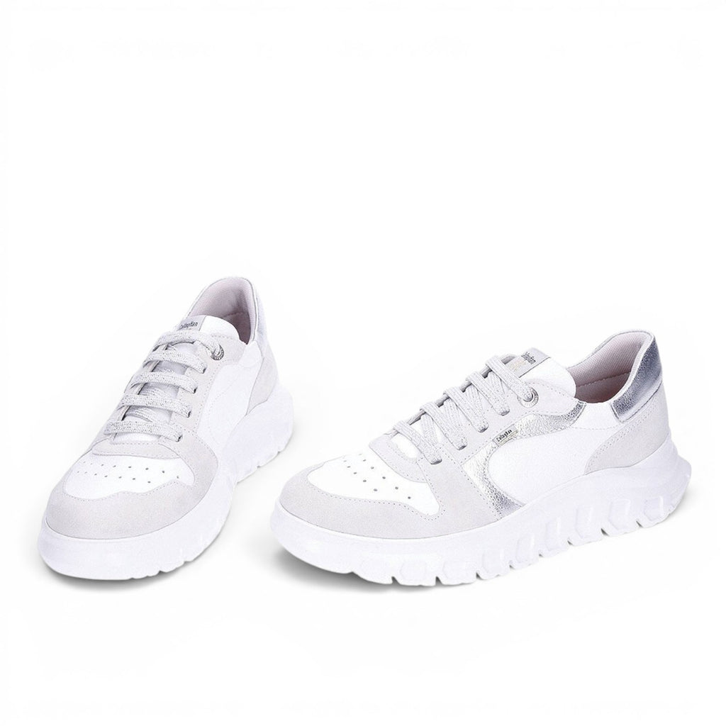ShoeShop Callaghan 56003 white leather and suede sneakers with metallic silver accents and chunky white soles.