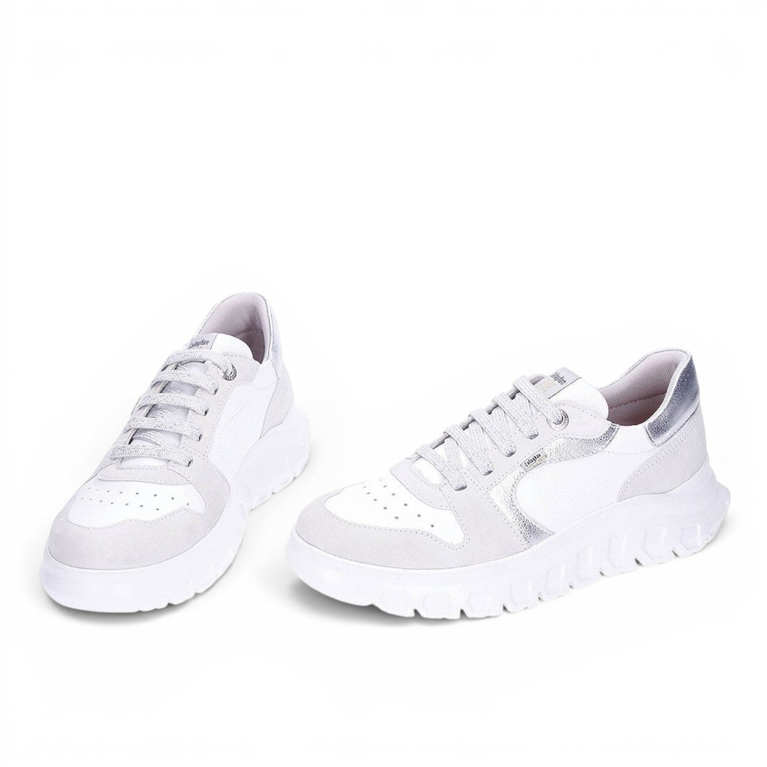 ShoeShop Callaghan 56003 white leather and suede sneakers with metallic silver accents and chunky white soles.