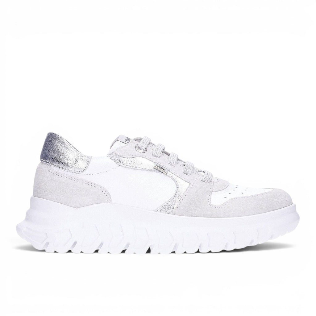 ShoeShop Callaghan 56003 white leather sneakers with metallic silver accents and a chunky platform sole