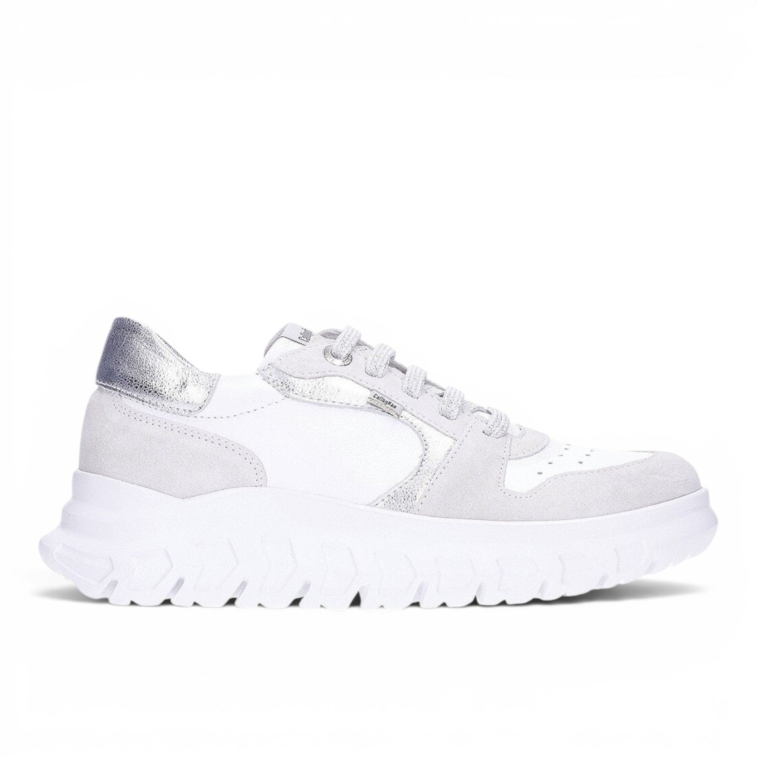 ShoeShop Callaghan 56003 white leather sneakers with metallic silver accents and a chunky platform sole