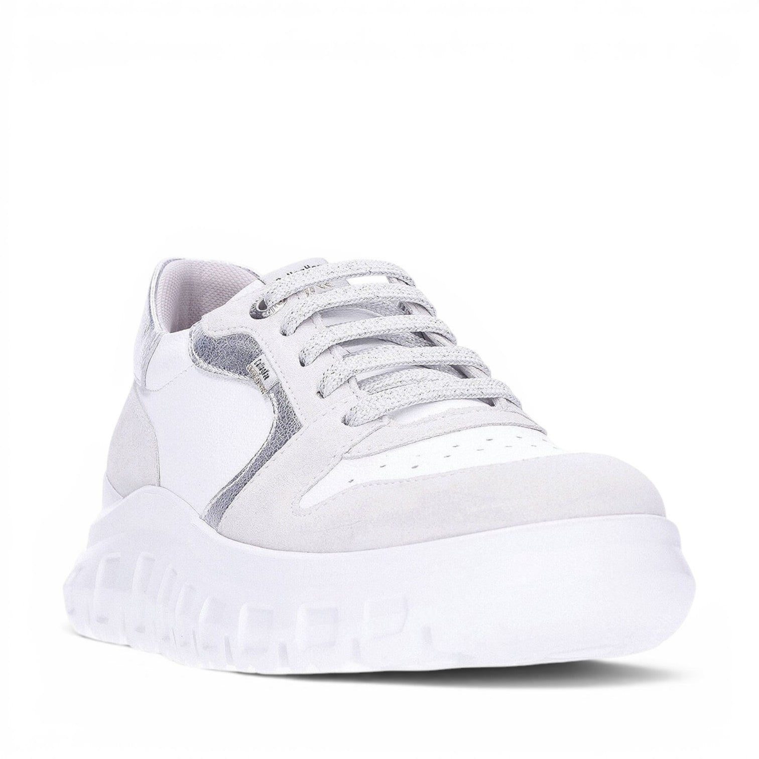 ShoeShop Callaghan 56003 white leather sneakers with silver metallic accents and a chunky platform sole