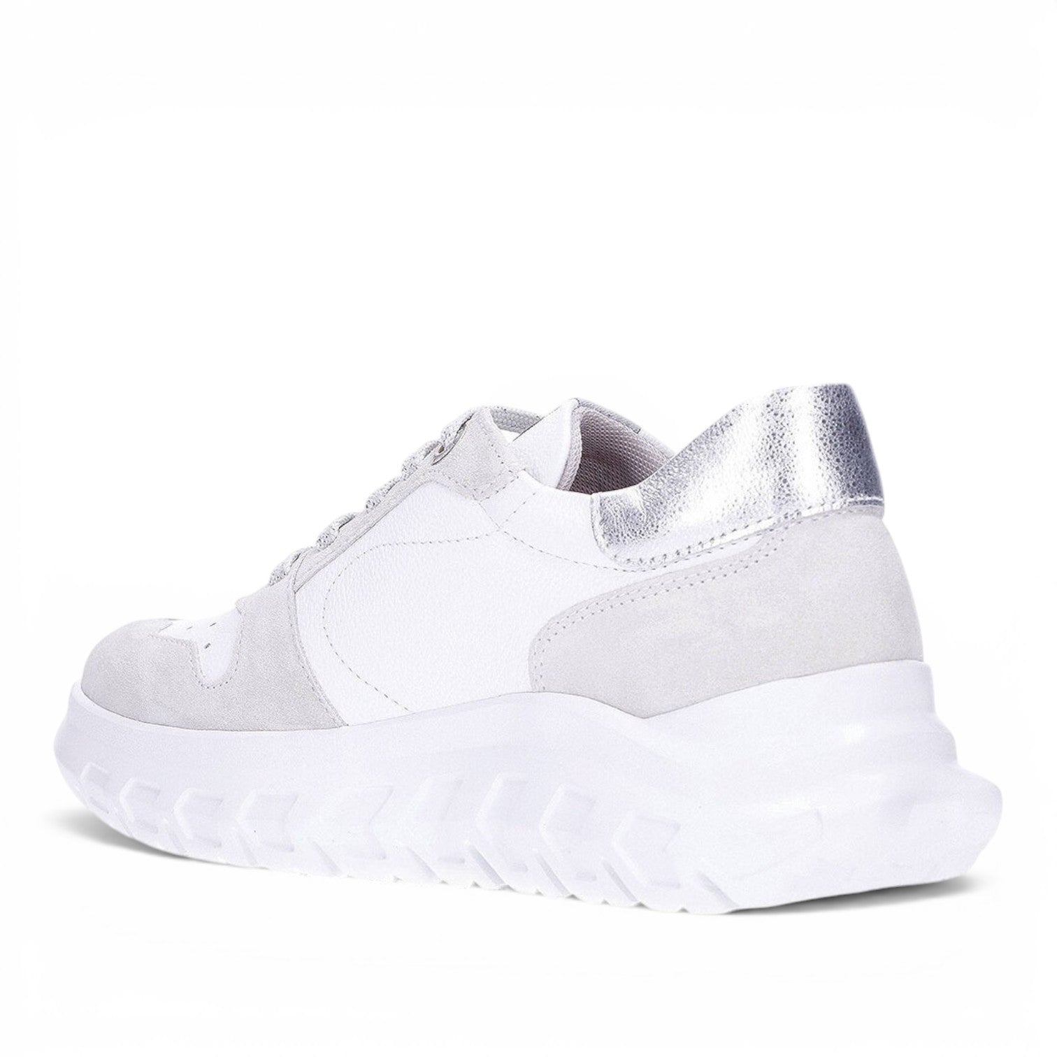 ShoeShop Callaghan 56003 white leather and suede sneaker with metallic silver heel detail and chunky white sole