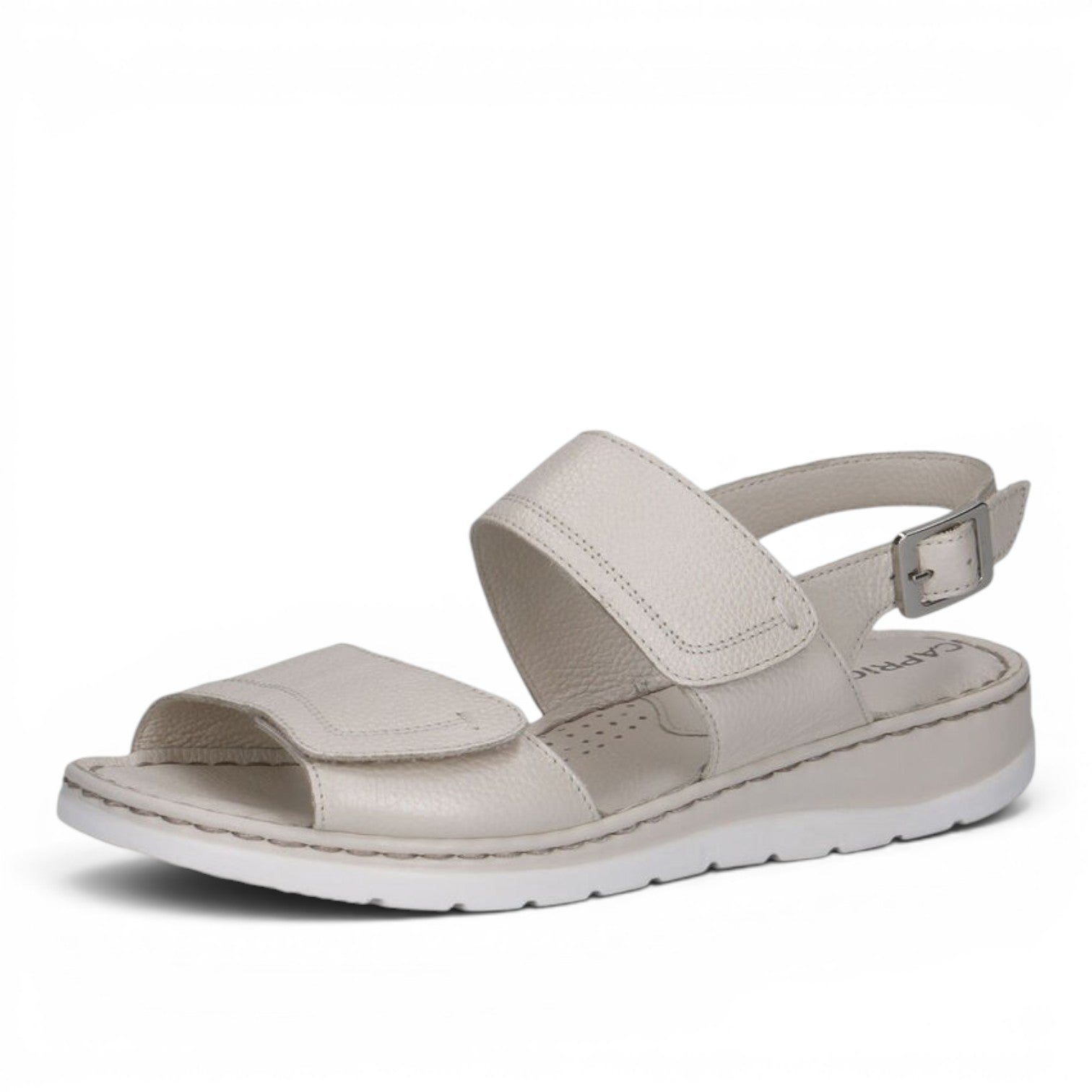 ShoeShop Caprice beige leather sandals with adjustable hook-and-loop straps and a comfortable white flat sole.