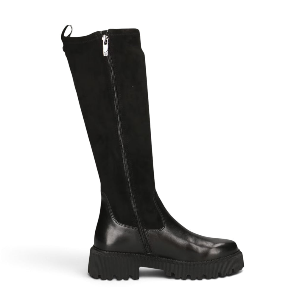 ShoeShop Caprice black knee-high boots with a 5cm block heel, side zipper, and mixed leather and synthetic finish.