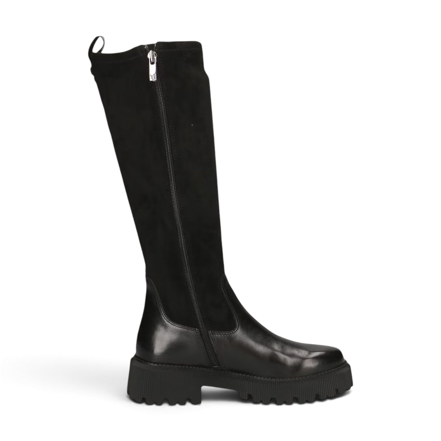 ShoeShop Caprice black knee-high boots with a 5cm block heel, side zipper, and mixed leather and synthetic finish.
