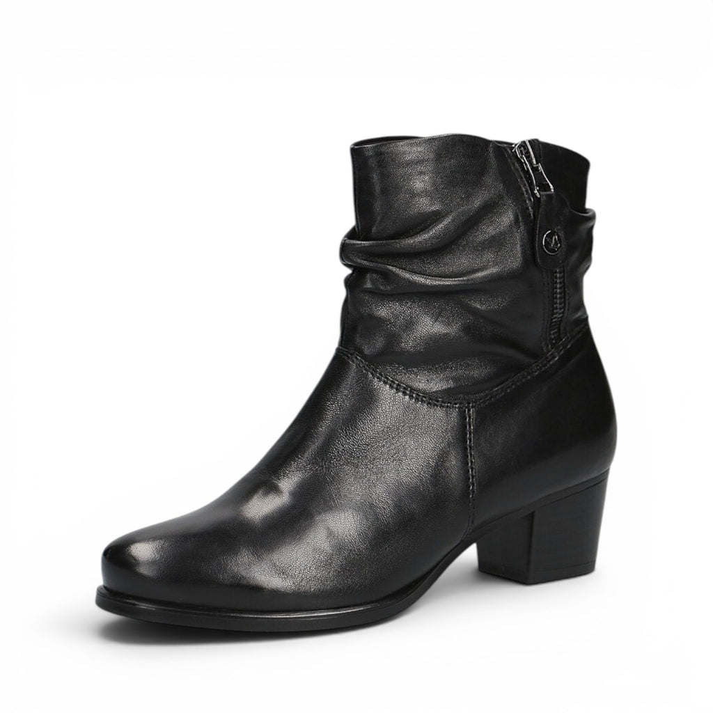 ShoeShop Caprice black leather ankle boot with ruched shaft, side zipper, and comfortable block heel.