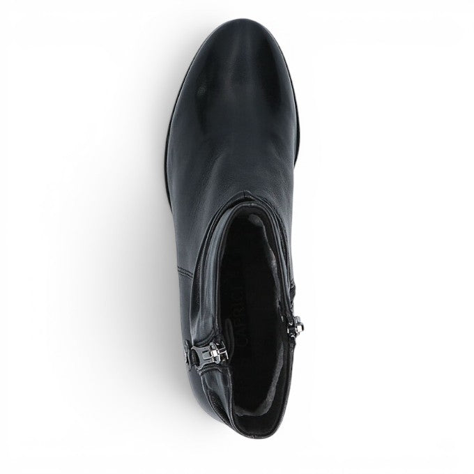 ShoeShop Caprice black leather ankle boot with side zipper detail, viewed from above.