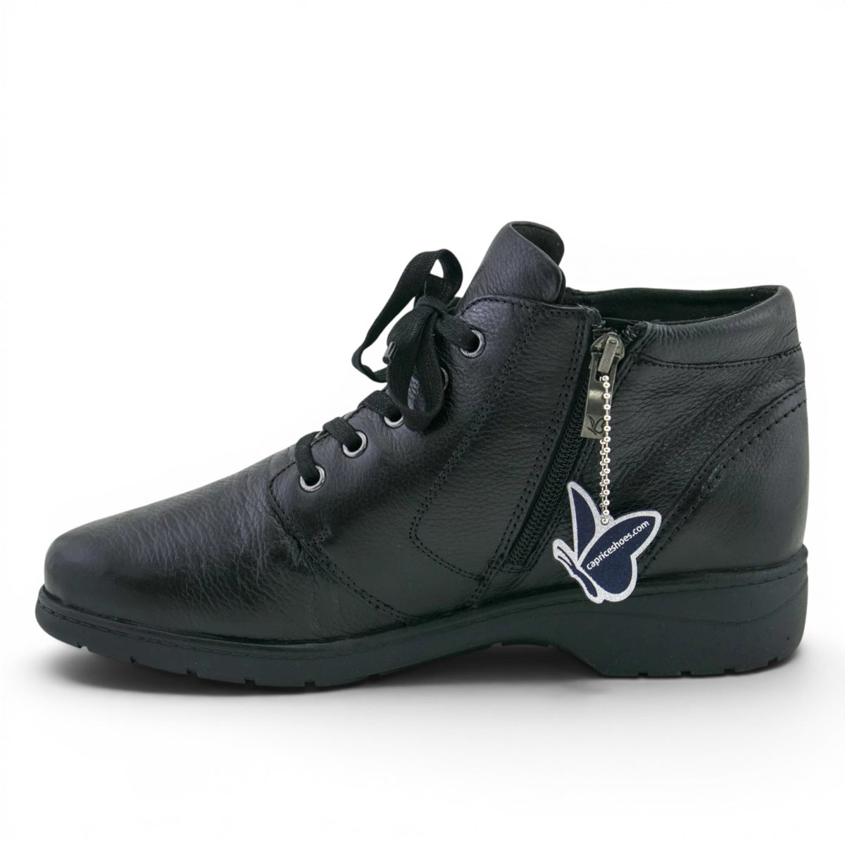 ShoeShop Caprice black leather ankle boots with side zipper, lace-up closure, and comfortable flat sole.