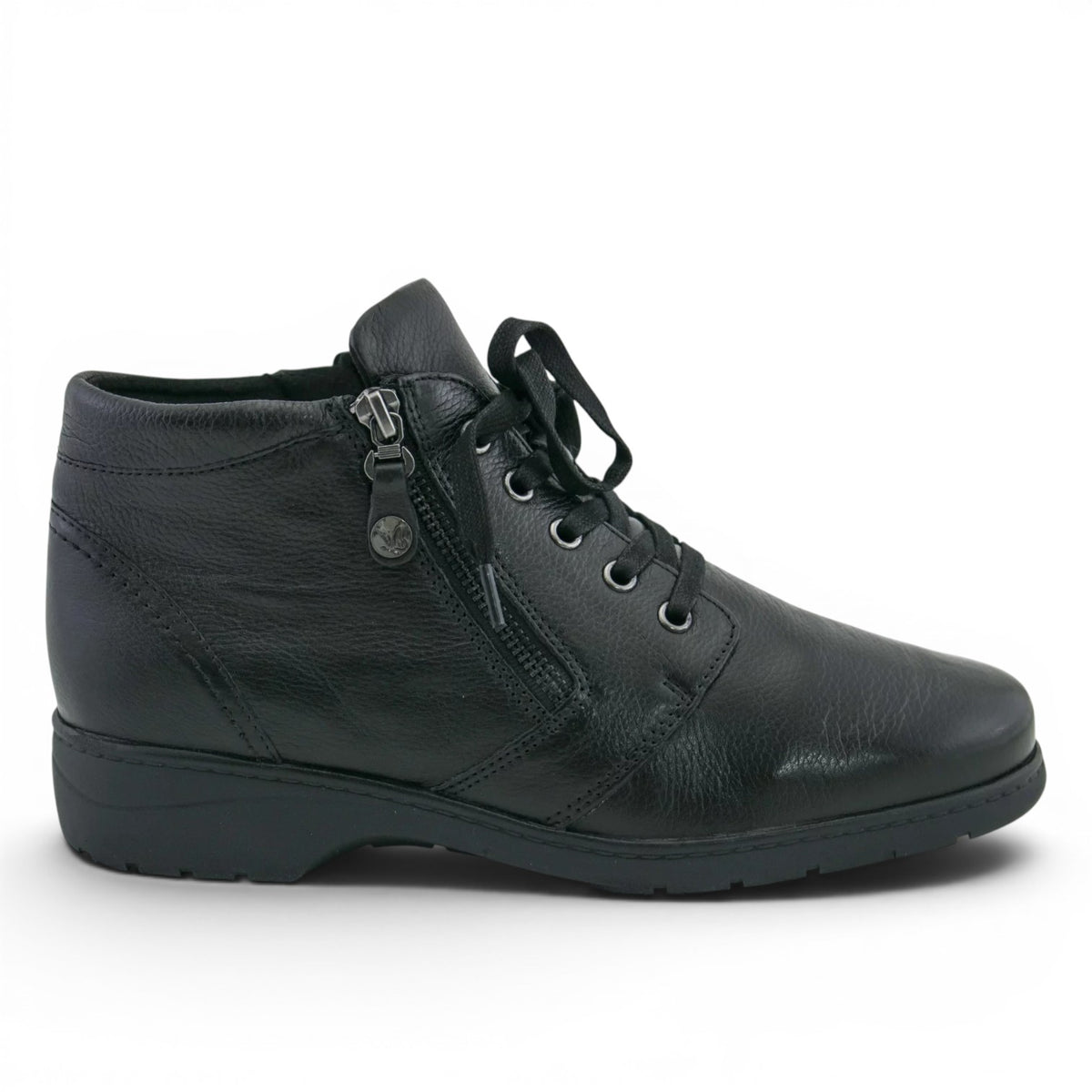 ShoeShop Caprice black leather ankle boots with side zipper and lace-up closure for a comfortable casual fit.