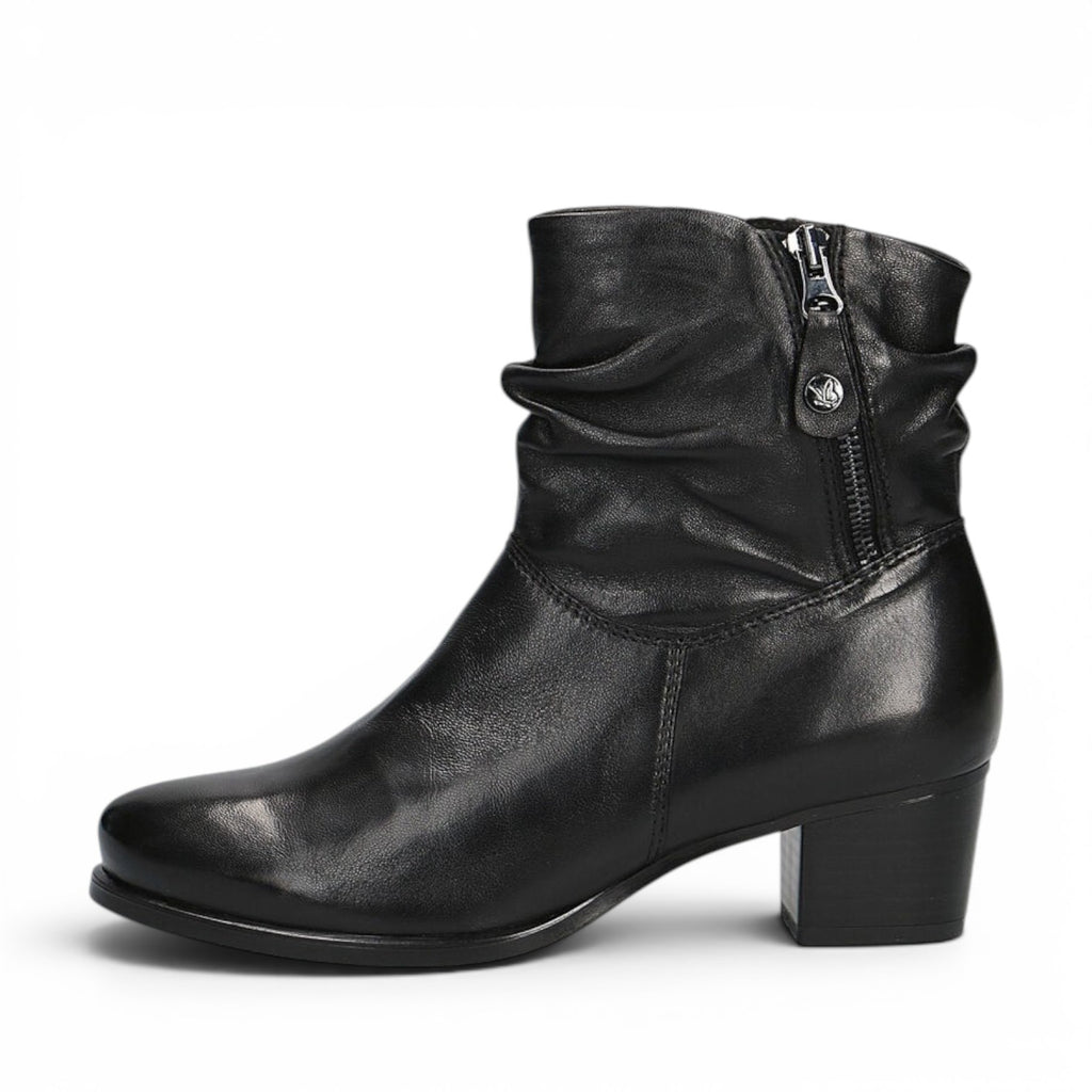 ShoeShop Caprice black leather ankle boots with a side zipper and ruched shaft detail on a block heel.