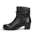ShoeShop Caprice black leather ankle boots with a side zipper and ruched shaft detail on a block heel.