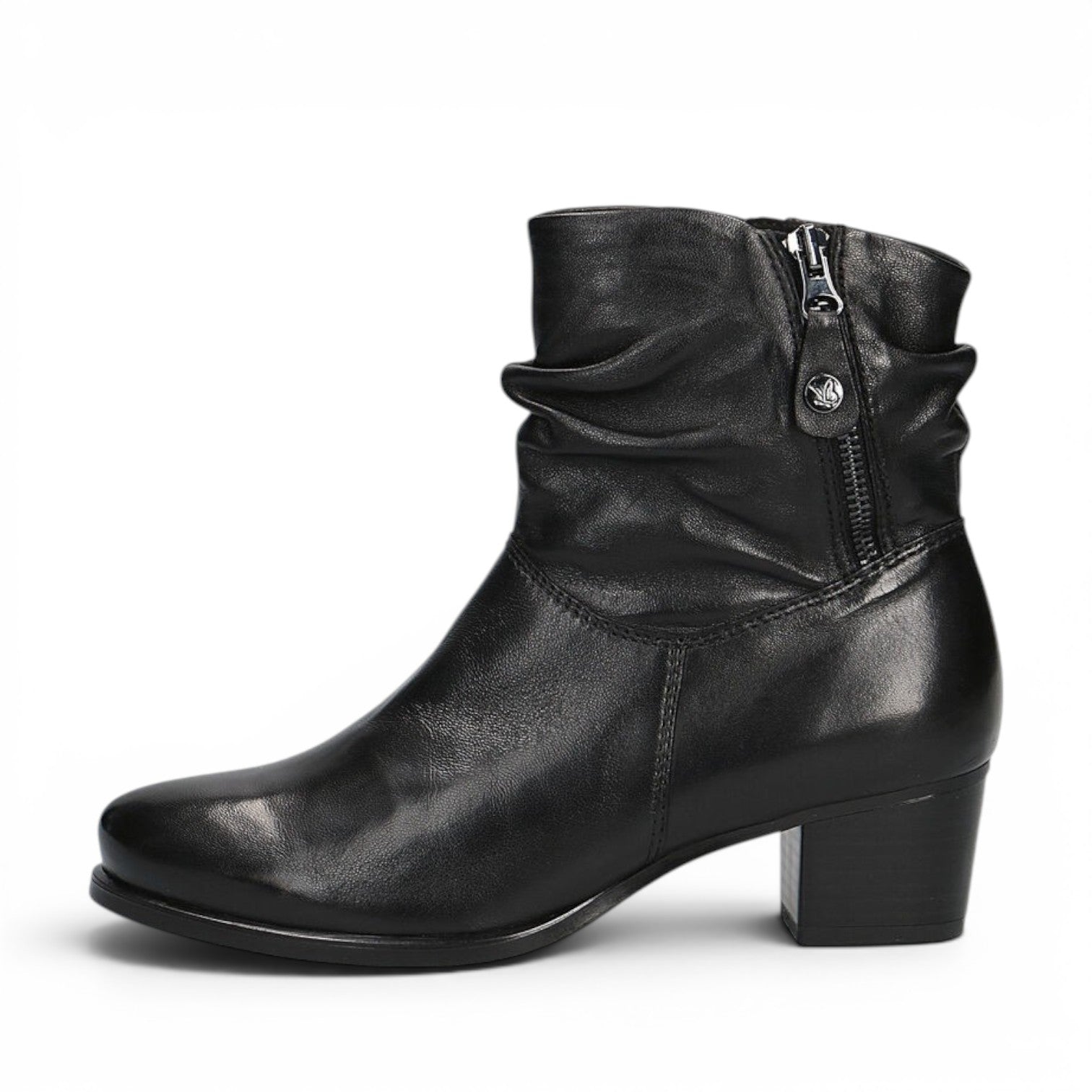 ShoeShop Caprice black leather ankle boots with a side zipper and ruched shaft detail on a block heel.
